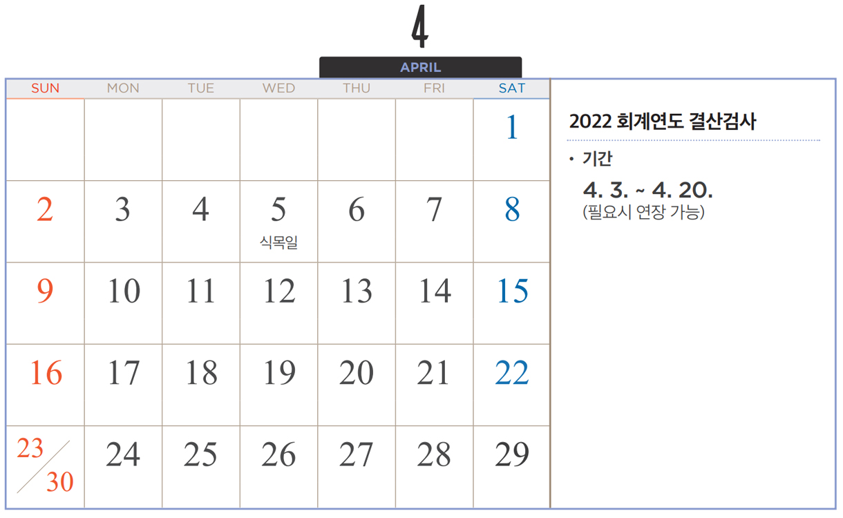 4 APRIL : 2022 회계연도 결산검사 / 기간 : 4. 3. ~ 4. 20.(월요일 연장 가능)