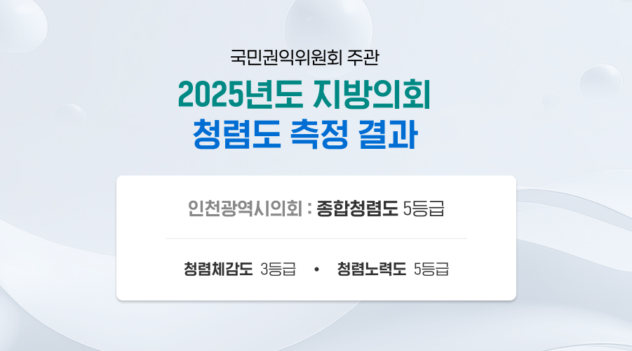국민권익위원회 주관
2025년도 지방의회 청렴도 측정 결과

ㅇ 인천광역시의회 : 종합청렴도 5등급
[ 청렴체감도 3등급 / 청렴노력도 5등급 ]