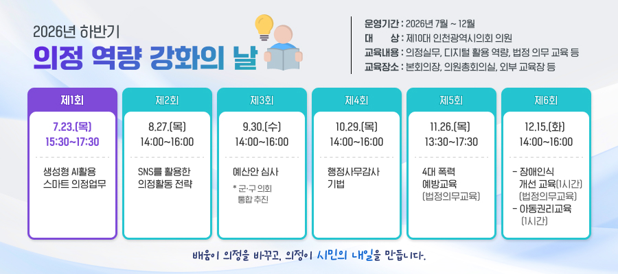 2026년 하반기
의정 역량 강화의 날
운영기간 : 2026년 7월 ~ 12월
대        상 : 제10대 인천광역시의회 의원
교육내용 : 의정실무, 디지털 활용 역량, 법정 의무 교육 등
교육장소 : 본회의장, 의원총회의실, 외부 교육장 등

제1회
7.23.(목) 15:30~17:30
생성형 AI활용 
스마트 의정업무

제2회
8.27.(목)14:00~16:00
SNS를 활용한 
의정활동 전략

제3회
9.30.(수)14:00~16:00
예산안 심사
* 군ㆍ구 의회 
   통합 추진

제4회
10.29.(목) 14:00~16:00
행정사무감사  기법

제5회
11.26.(목)  13:30~17:30
4대 폭력 
예방교육
(법정의무교육)


제6회
12.15.(화) 14:00~16:00
- 장애인식 
   개선 교육(1시간)    
   (법정의무교육) - 아동권리교육
    (1시간)


배움이 의정을 바꾸고, 의정이 시민의 내일을 만듭니다. 