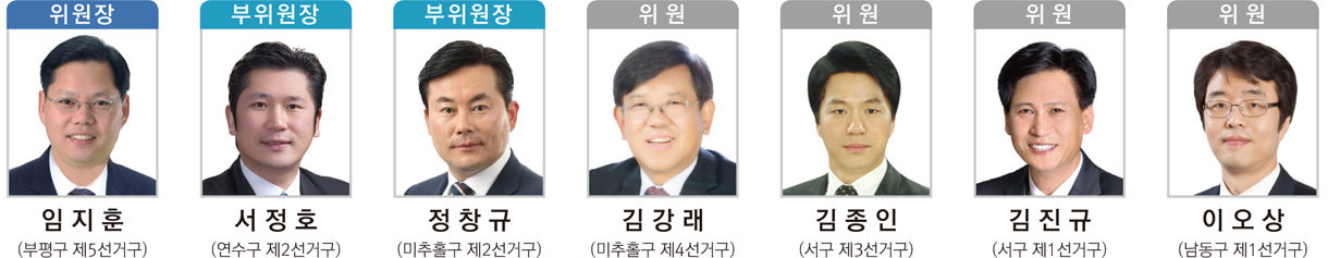 위원장 : 임지훈(부평구 제5선거구), 부위원장 : 서정호(연수구 제2선거구), 부위원장 : 정창규(미추홀구 제2선거구), 위원 : 김강래(미추홀구 제4선거구), 위원 : 김종인(서구 제3선거구), 위원 : 김진규(서구 제1선거구), 위원 : 이오상(남동구 제1선거구)