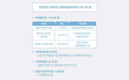 연경산이 감싸안은 안골마을(총사업비 228.5억 원) / 마중물사업 178.6억 원 / 부처연계사업 21억 원 - 산업단지·폐산업시설 문화재생사업, 범죄예방환경개선 등 / 지자체사업 14.1억 원 - 공영주차장조성, 안골마을 산림가꾸기 등 / 공공기관 투자사업 14.8억 원 - LH매매임대사업