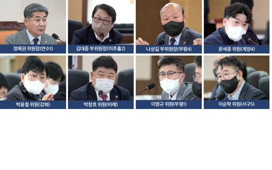 정해권 위원장(연수1), 김대중 부위원장(미추홀2), 나상길 부위원장(부평4), 문세종 위원(계양4), 박용철 위원(강화), 박창호 위원(비례), 이명규 위원(부평1), 이순학 위원(서구5)