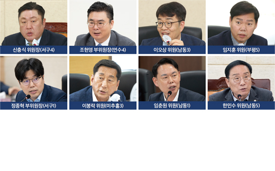 신충식 위원장(서구4), 조현영 부위원장(연수4), 정종혁 부위원장(서구1), 이봉락 위원(미추홀3), 이오상 위원(남동3), 임지훈 위원(부평5), 임춘원 위원(남동1), 한민수 위원(남동5)