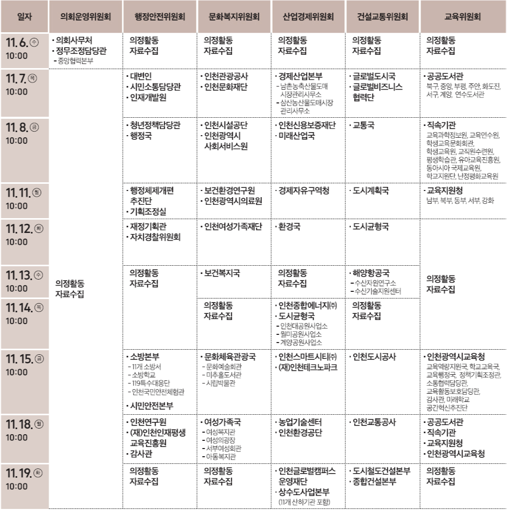2024년도 인천광역시의회 행정사무감사 캘린더